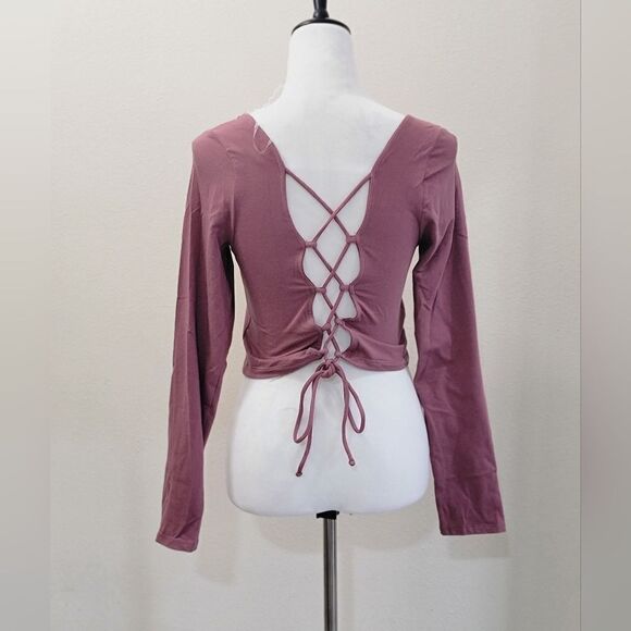Aeropostale Lace Up Crop Top Tie Back Long Sleeve Pink Size L Spandex & Cotton - Picture 1 of 8